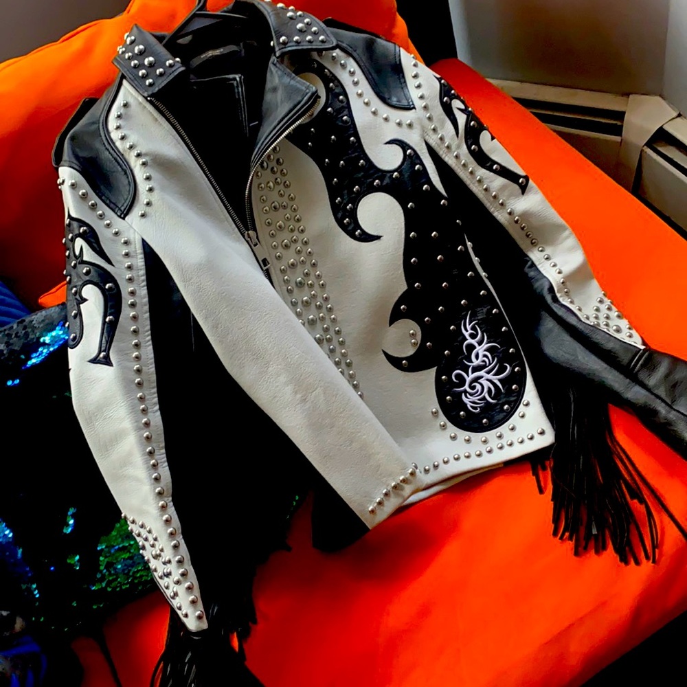 Blk/White Faux Leather Fringe Jacket !